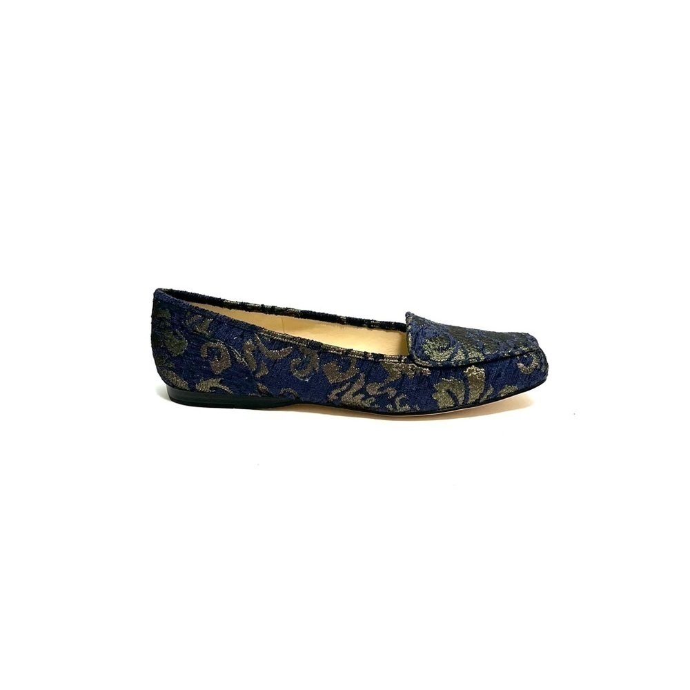 Vintage Y2K navy and gold lamé brocade slip on loafer flats